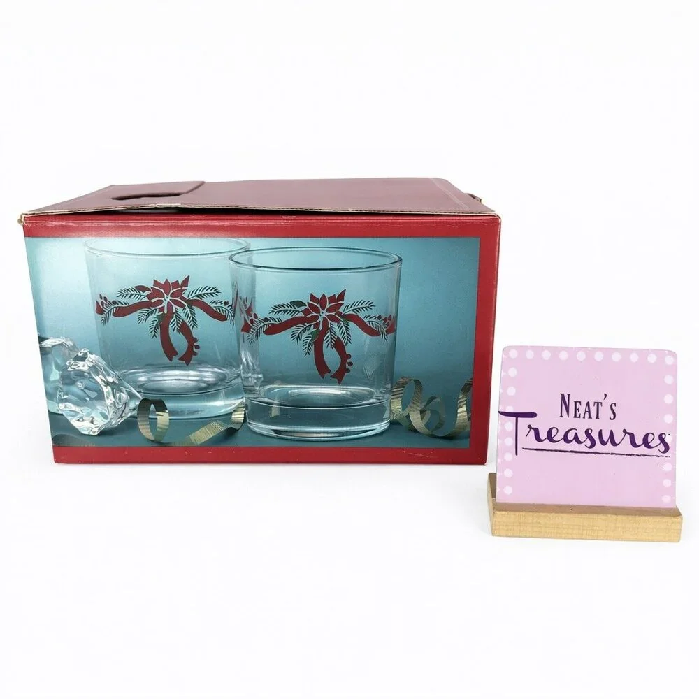 Anchor Hocking POINSETTIA & RIBBONS 89524 Rocks 9oz Whiskey Glasses Set 3 NEW
